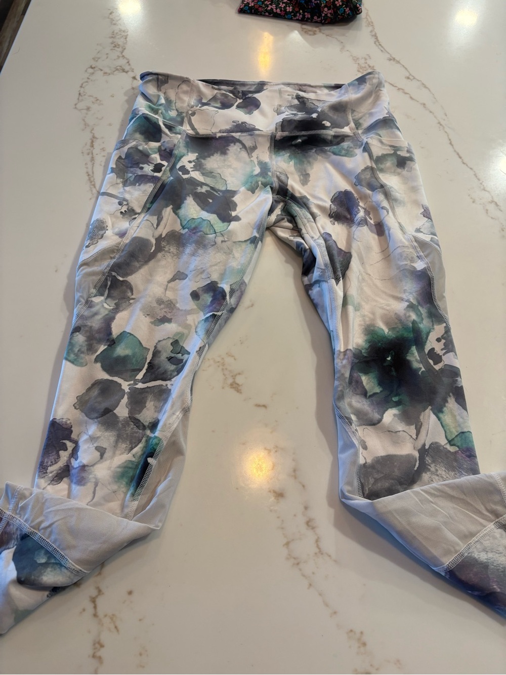 Athleta White Capri Leggings with Green and Gray Watercolor Print